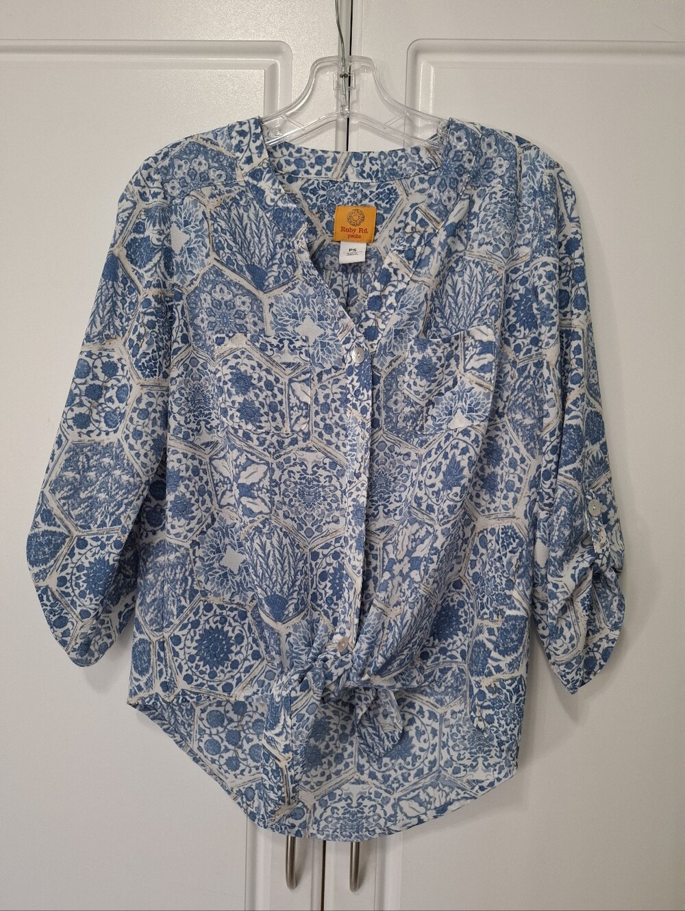 Ruby Rd. Blue and White Floral Tie-Front Blouse